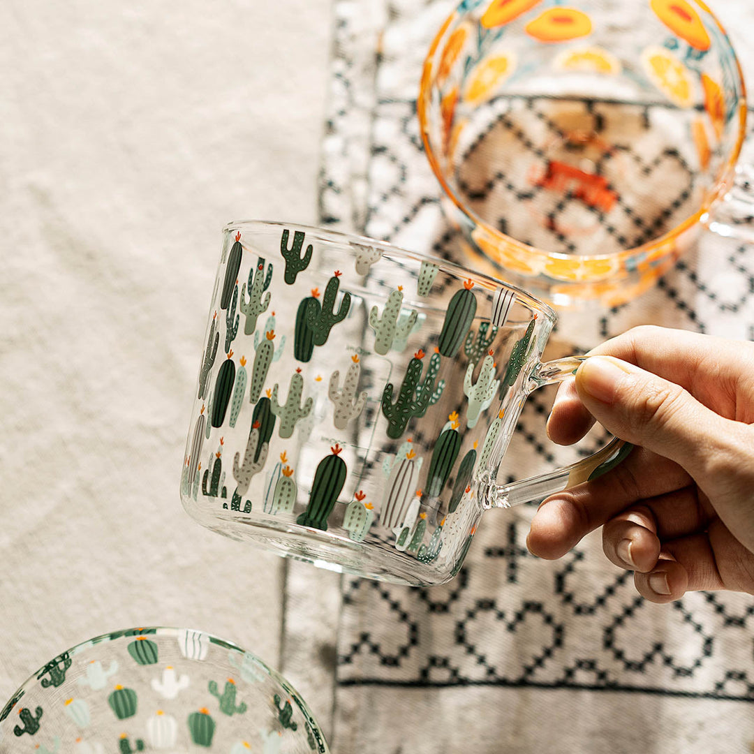 Glas Målebæger med Fersken- og Kaktusdesign
