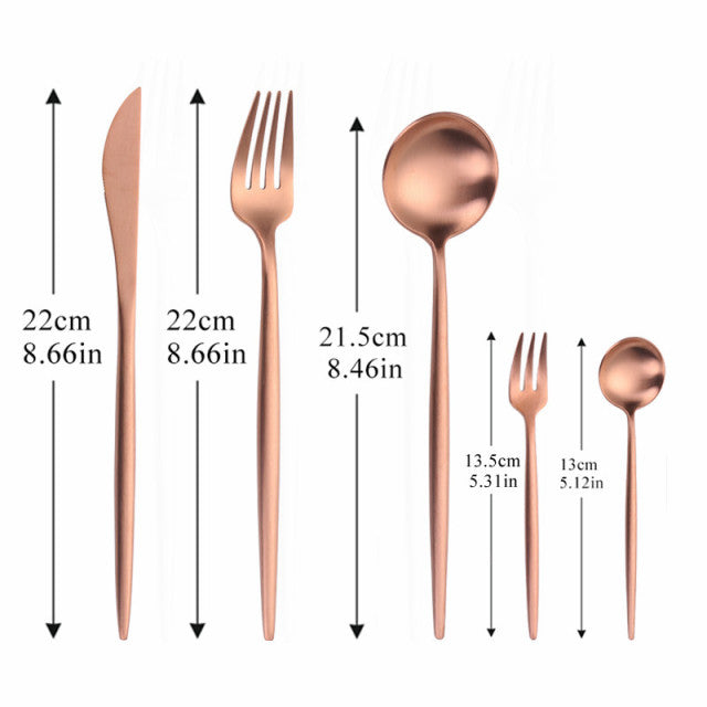 Minimalistisk Bestiksæt i Sort, Guld, Roséguld og Sølv i Rustfrit Stål