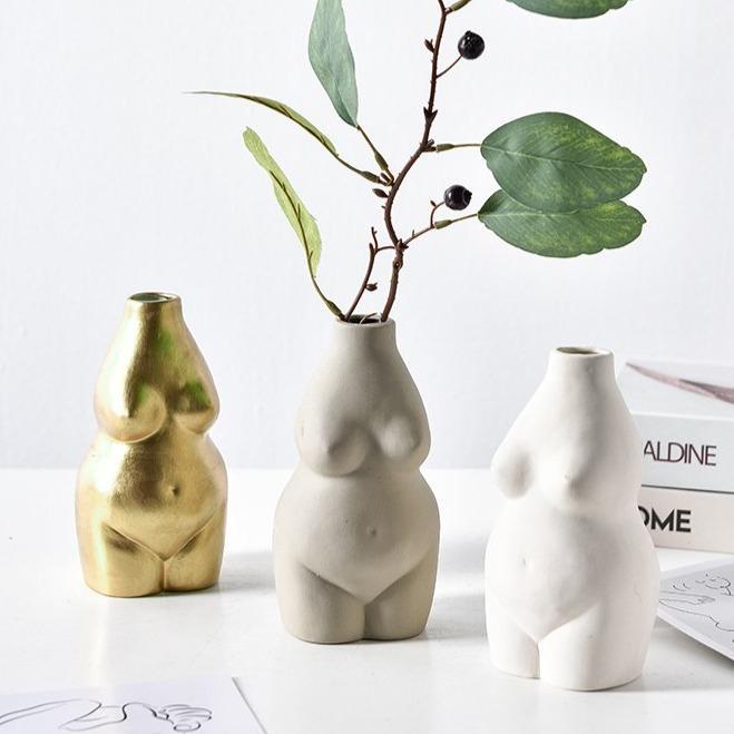 Keramisk Buste Vase i Beige og Guld