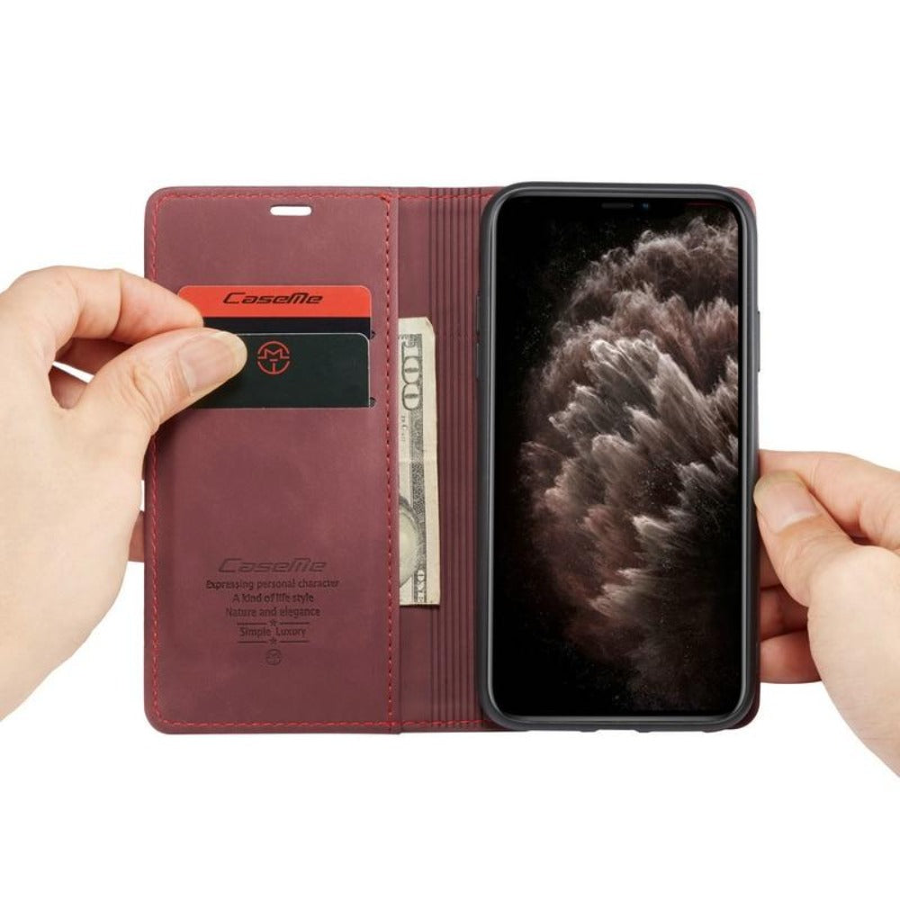 Veganlæder Flip Wallet Case til iPhone 15 med Kortlommer
