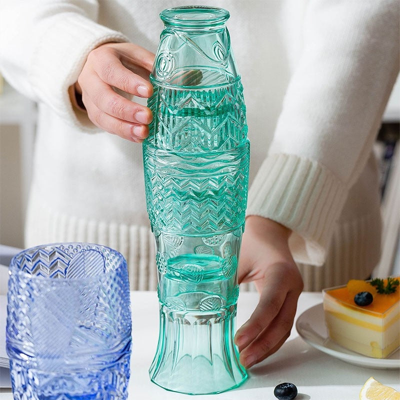 Koi Fisk Drikkeglas Sæt i Tekstureret Aqua Glas