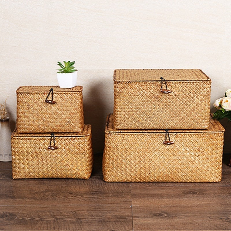 Håndvævet Opbevaringsboks i Naturlig Tang med Låg