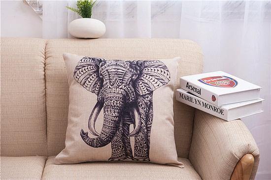 Elefant Print Pude Betræk i Bomulds Linned