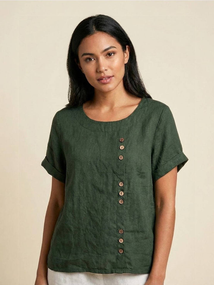 Foreen | Kvinders Casual Scoop Neck Knap Detalje Kortærmet Top