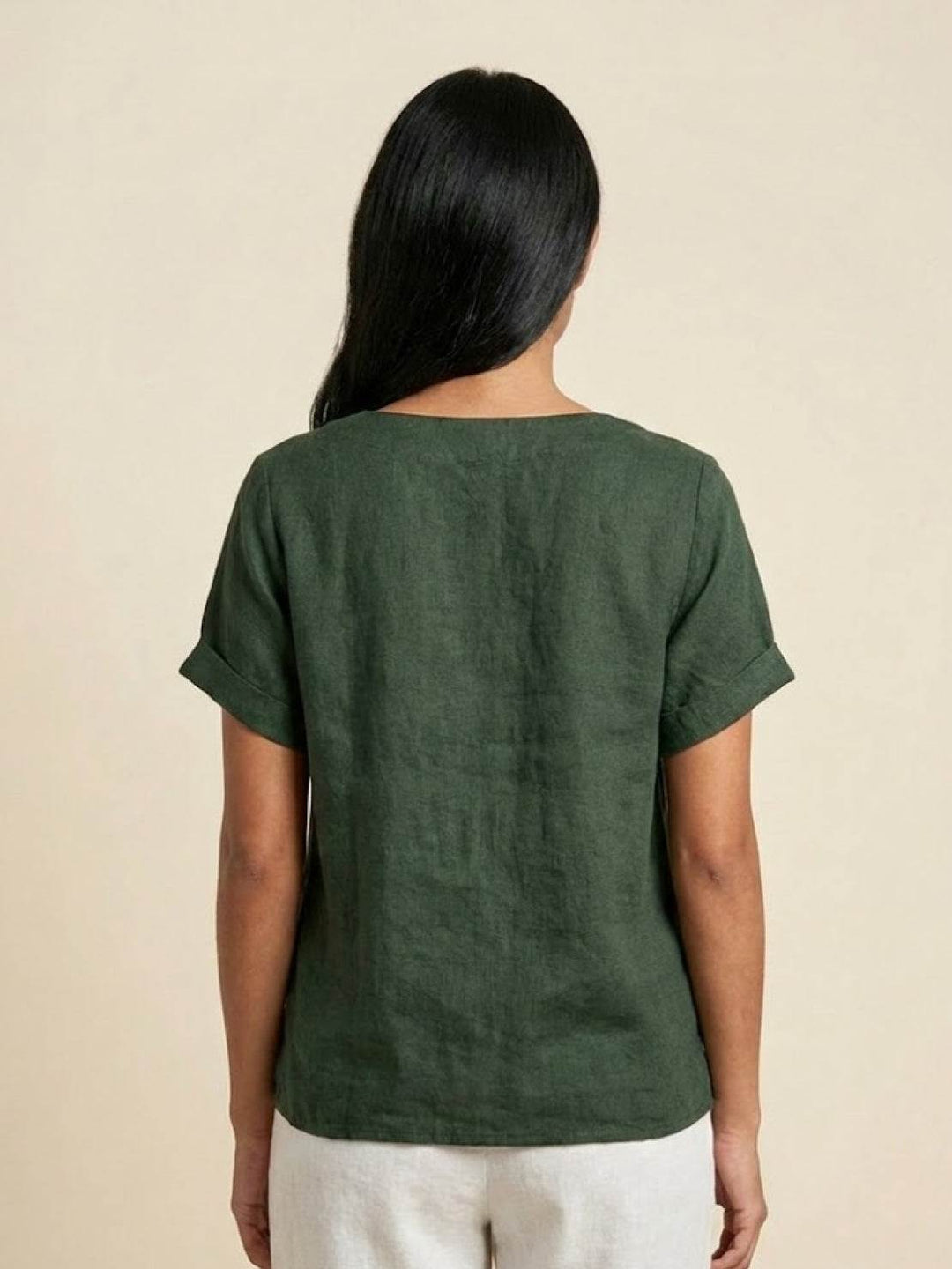 Foreen | Kvinders Casual Scoop Neck Knap Detalje Kortærmet Top