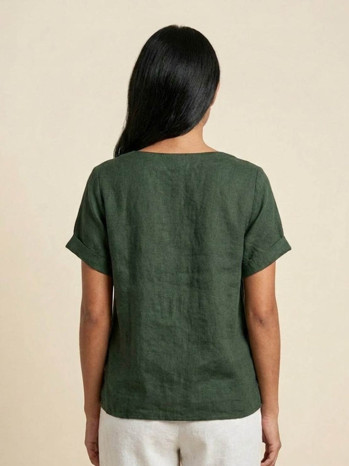 Foreen | Kvinders Casual Scoop Neck Knap Detalje Kortærmet Top