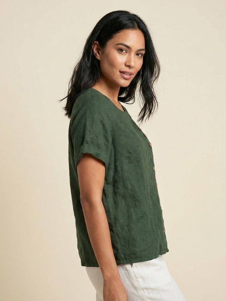 Foreen | Kvinders Casual Scoop Neck Knap Detalje Kortærmet Top