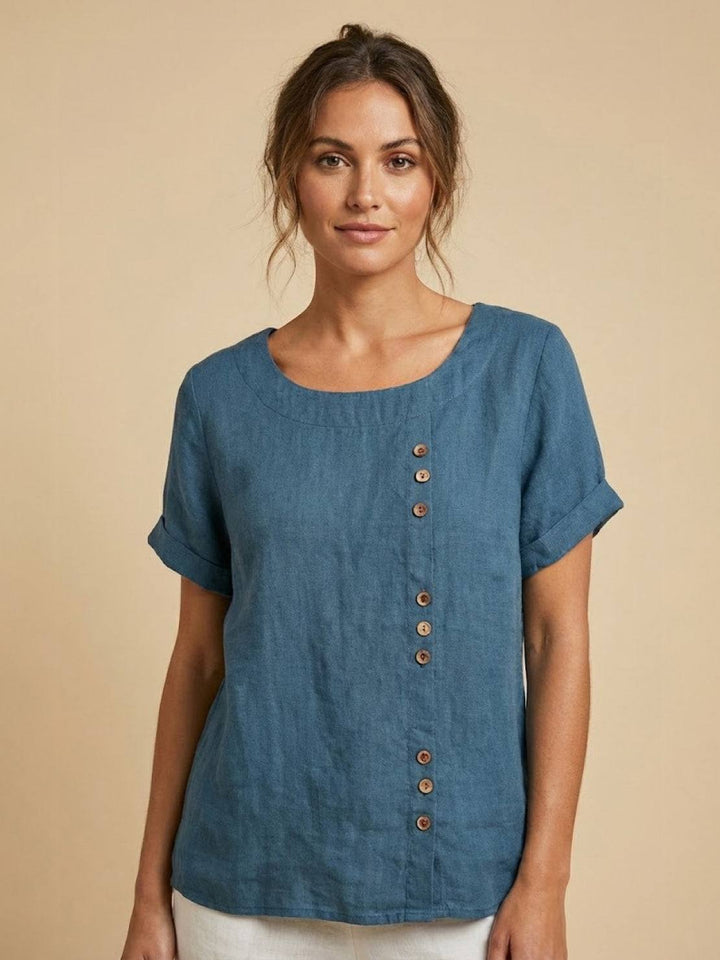 Foreen | Kvinders Casual Scoop Neck Knap Detalje Kortærmet Top
