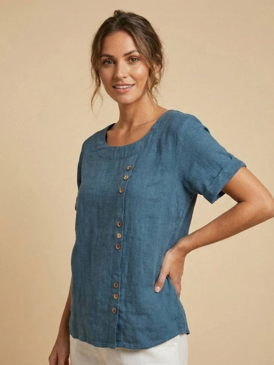 Foreen | Kvinders Casual Scoop Neck Knap Detalje Kortærmet Top