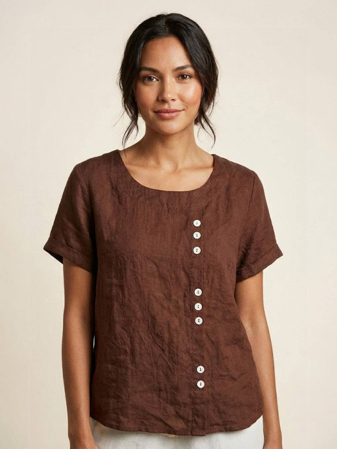 Foreen | Kvinders Casual Scoop Neck Knap Detalje Kortærmet Top