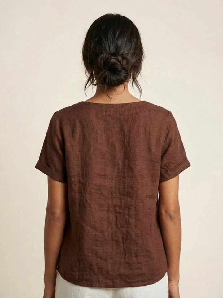 Foreen | Kvinders Casual Scoop Neck Knap Detalje Kortærmet Top
