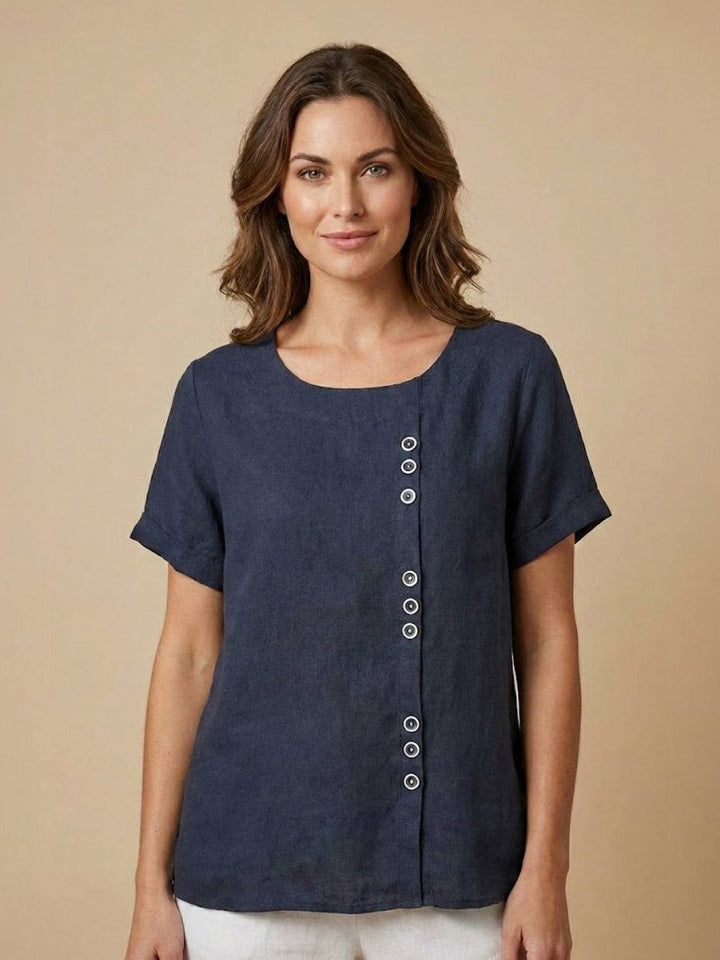 Foreen | Kvinders Casual Scoop Neck Knap Detalje Kortærmet Top