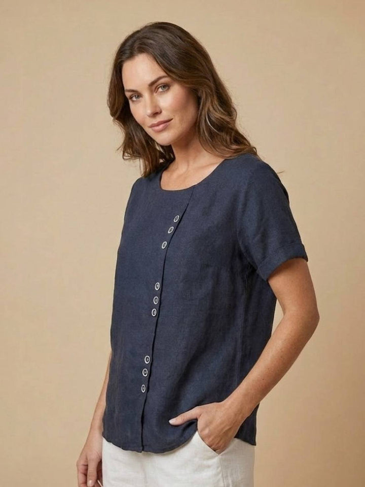 Foreen | Kvinders Casual Scoop Neck Knap Detalje Kortærmet Top