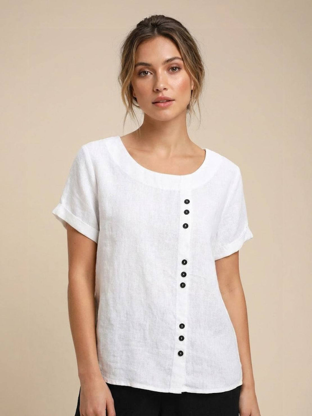 Foreen | Kvinders Casual Scoop Neck Knap Detalje Kortærmet Top