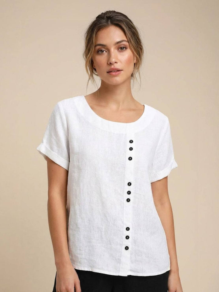 Foreen | Kvinders Casual Scoop Neck Knap Detalje Kortærmet Top