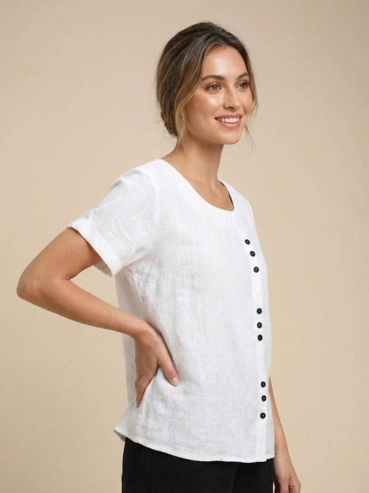 Foreen | Kvinders Casual Scoop Neck Knap Detalje Kortærmet Top