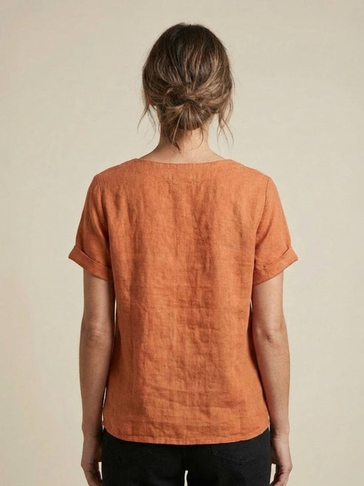 Foreen | Kvinders Casual Scoop Neck Knap Detalje Kortærmet Top