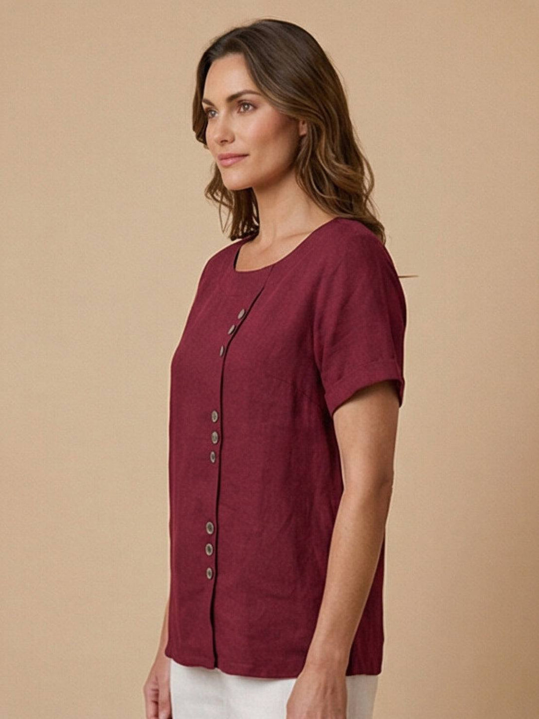 Foreen | Kvinders Casual Scoop Neck Knap Detalje Kortærmet Top