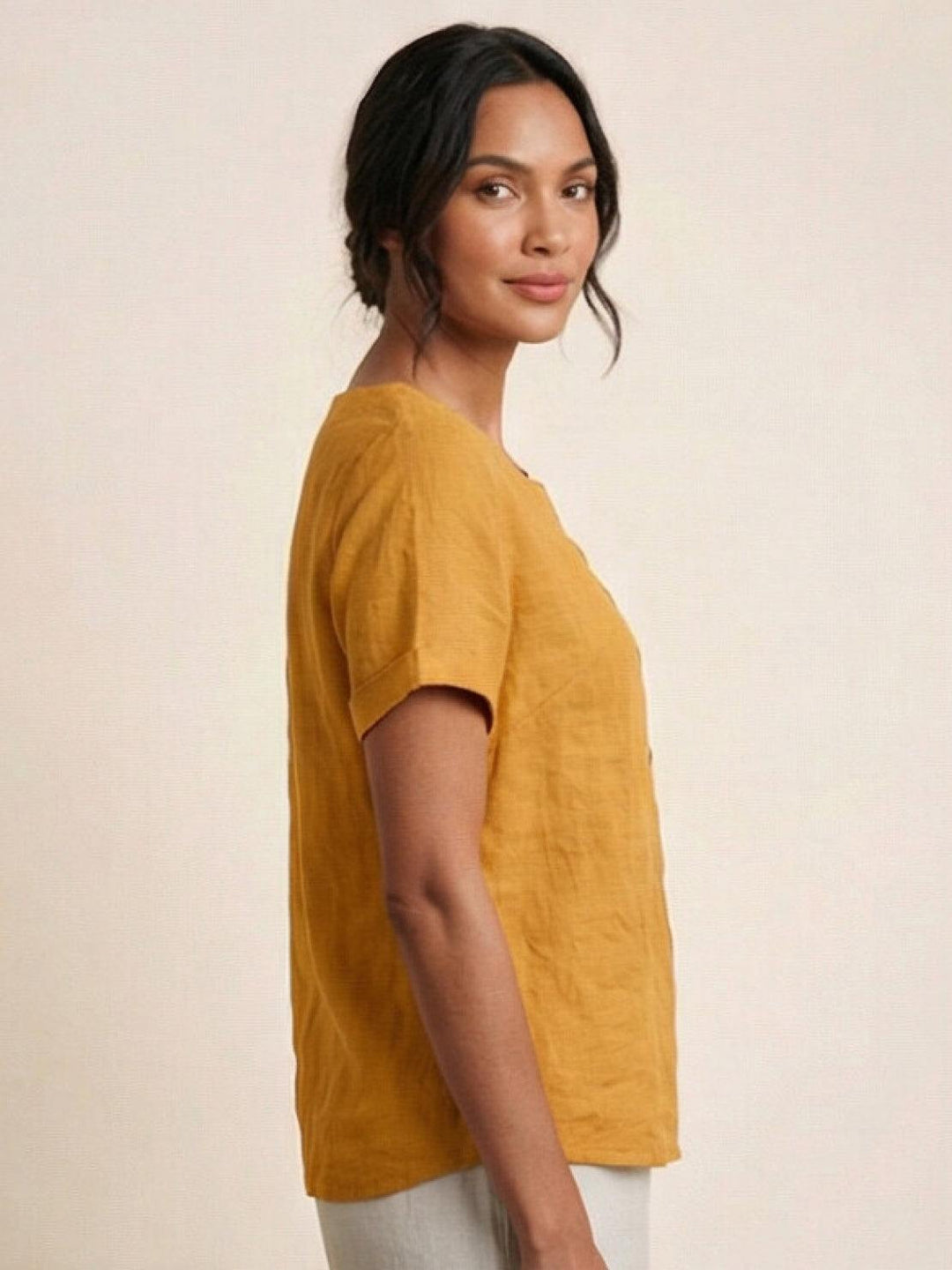 Foreen | Kvinders Casual Scoop Neck Knap Detalje Kortærmet Top