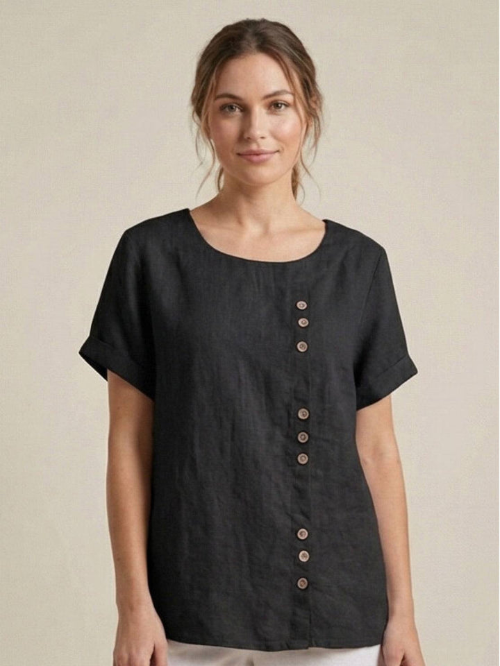 Foreen | Kvinders afslappede top med scoop neck, knapdetaljer og korte ærmer
