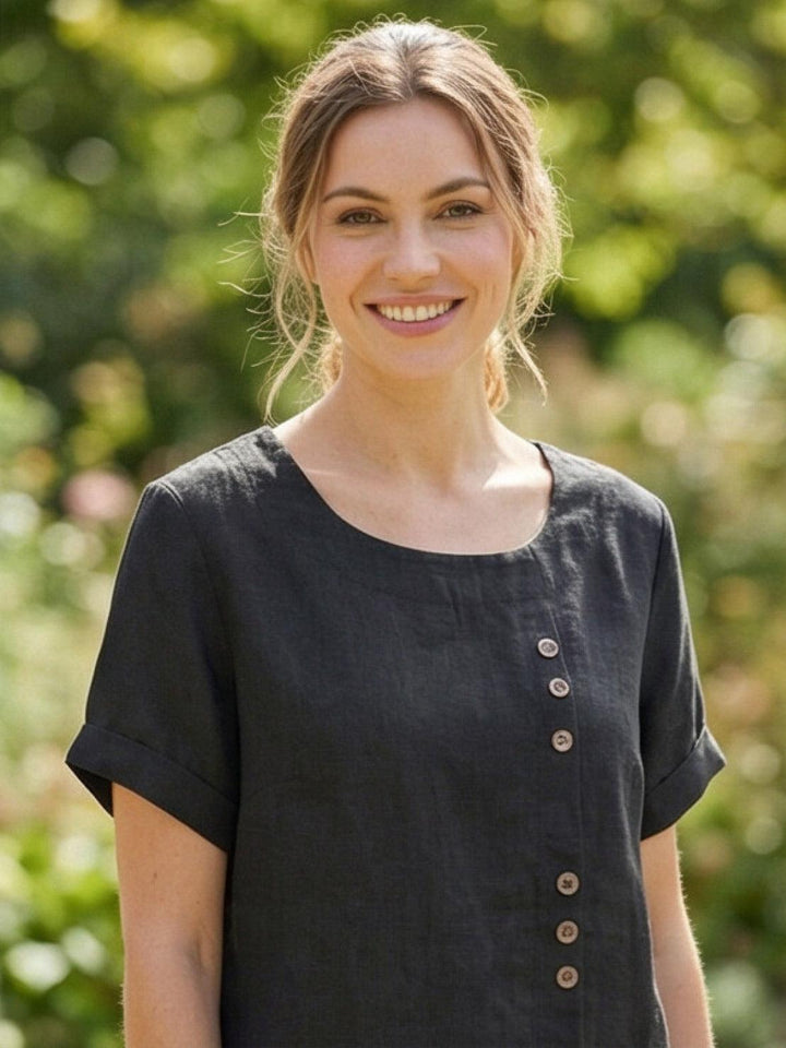 Foreen | Kvinders Casual Scoop Neck Knap Detalje Kortærmet Top