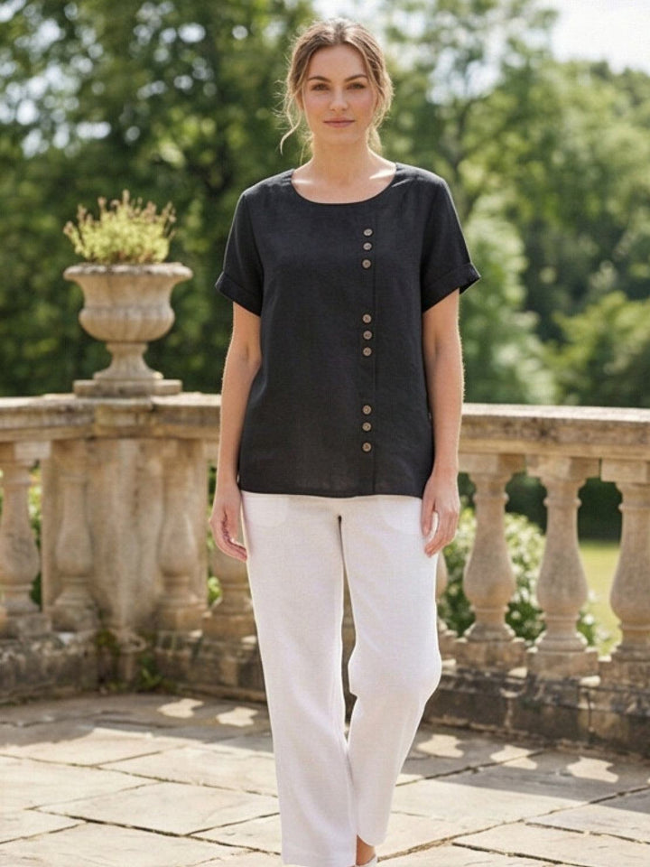 Foreen | Kvinders Casual Scoop Neck Knap Detalje Kortærmet Top