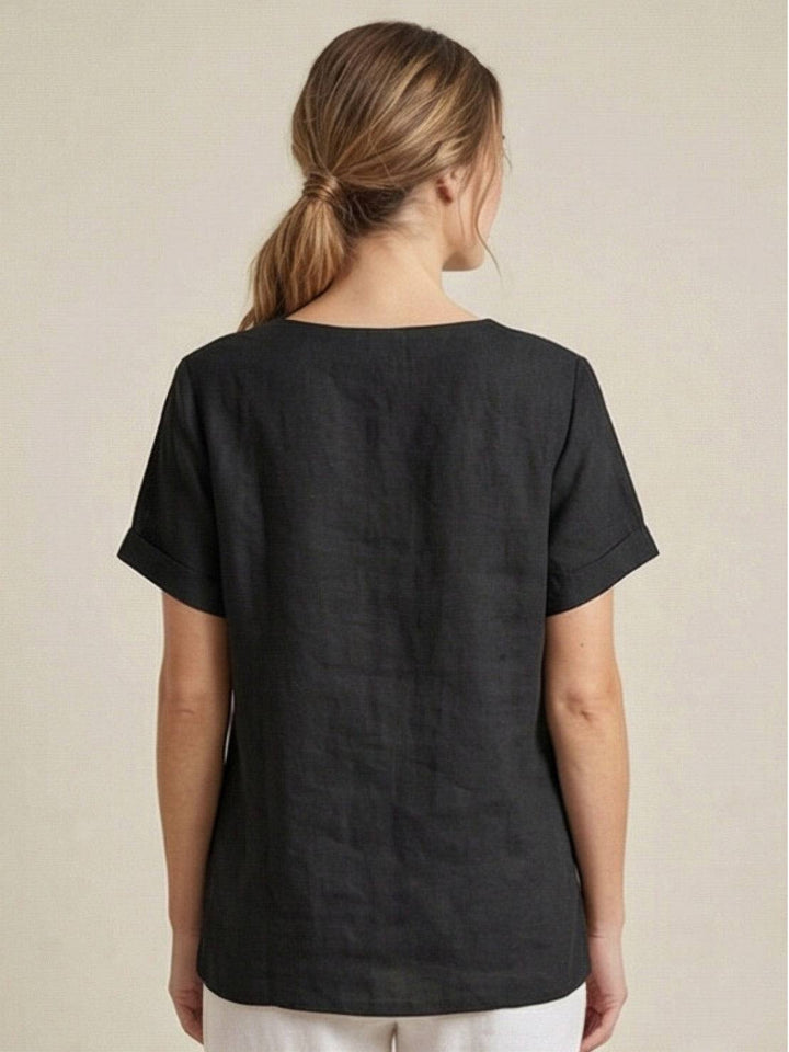 Foreen | Kvinders Casual Scoop Neck Knap Detalje Kortærmet Top