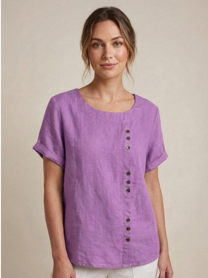 Foreen | Kvinders Casual Scoop Neck Knap Detalje Kortærmet Top