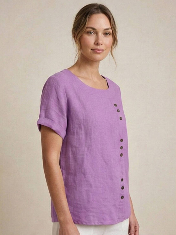 Foreen | Kvinders Casual Scoop Neck Knap Detalje Kortærmet Top