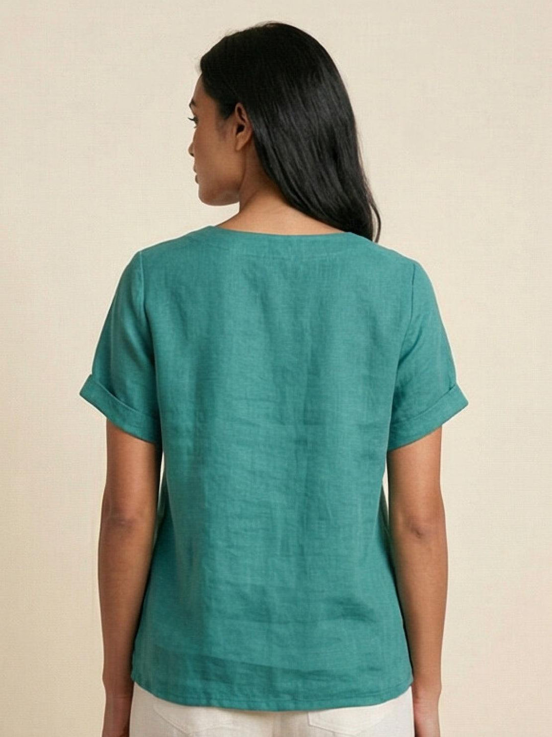 Foreen | Kvinders Casual Scoop Neck Knap Detalje Kortærmet Top