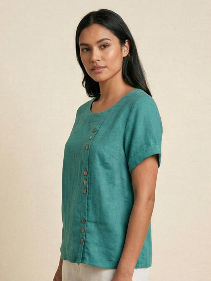Foreen | Kvinders Casual Scoop Neck Knap Detalje Kortærmet Top