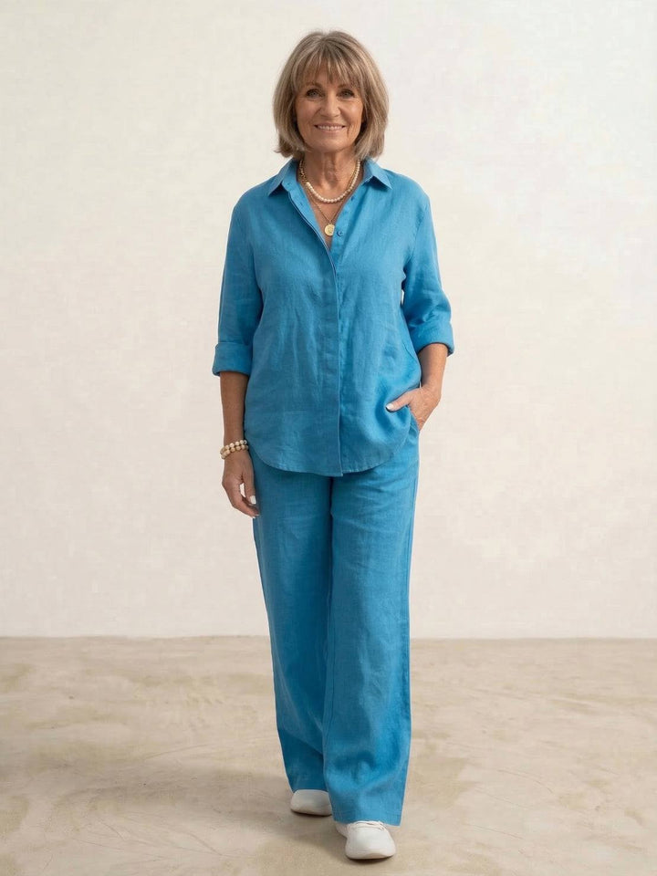 Vivian | Kvinders afslappede skjorte med knap og bukser med bred ben