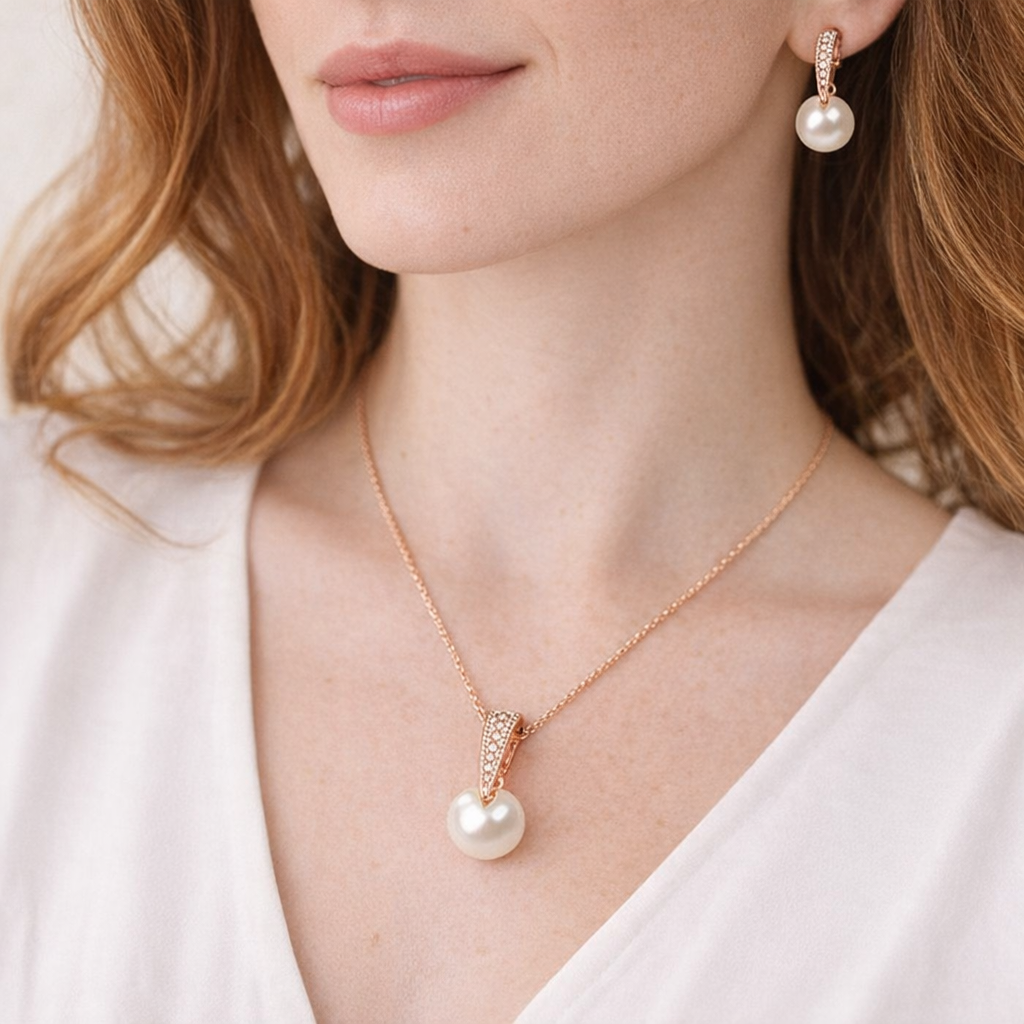 Rosa Guld Perle Smykkesæt Dame Halskæde og Øreringe Elegant Luksus