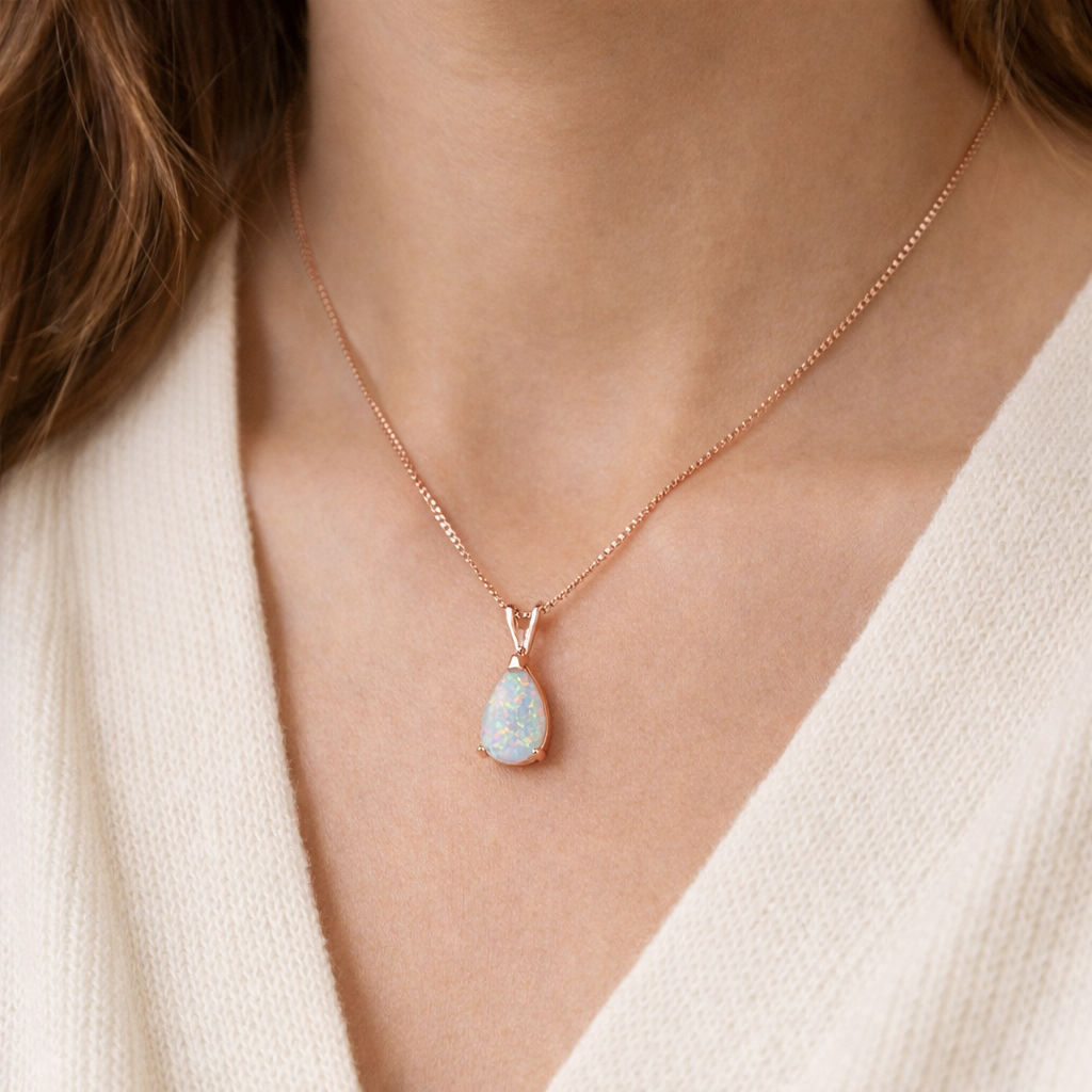 Romantisk Rosagulds Opal Halskæde med Dråbeformet Vedhæng – Elegant Regnbue Smykke til Hende