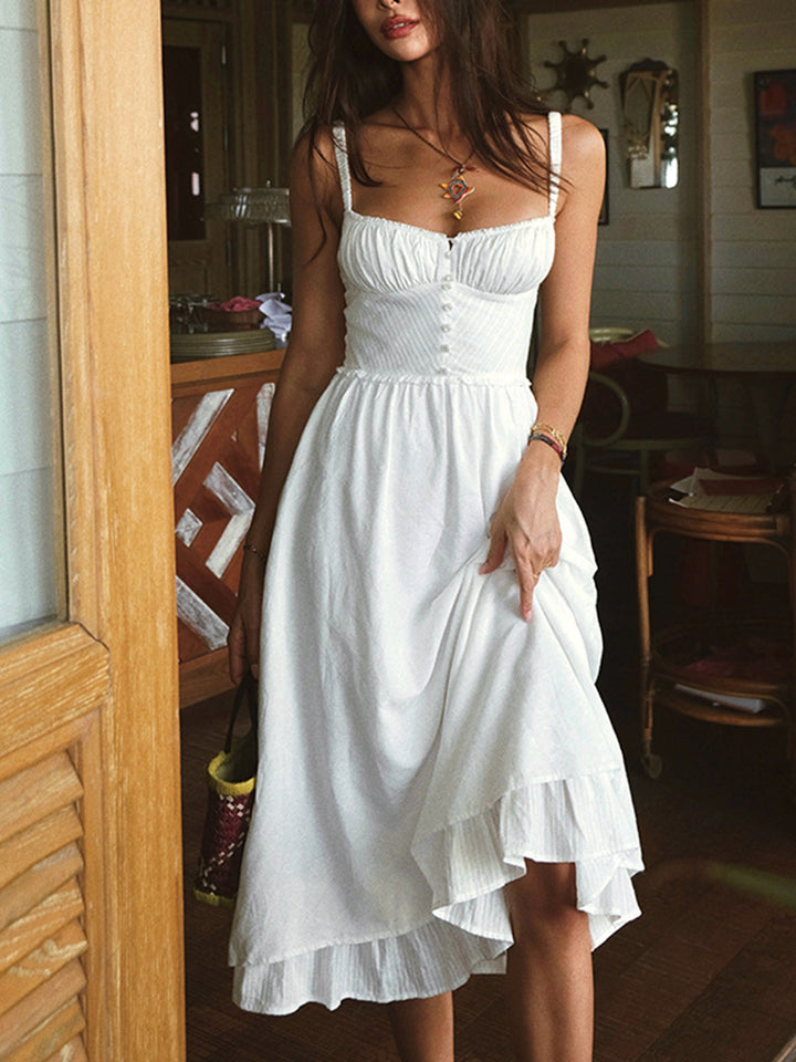Isla | Kvinders Ruffle Hem Spaghetti Strap Knap Front Midi Kjole