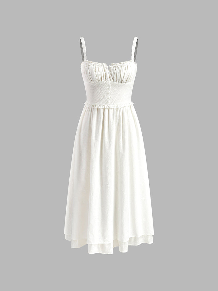 Isla | Kvinders Ruffle Hem Spaghetti Strap Knap Front Midi Kjole