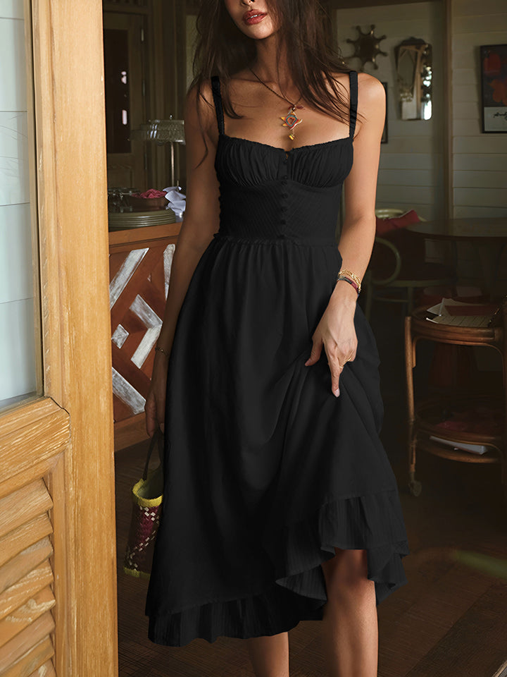 Isla | Kvinders Ruffle Hem Spaghetti Strap Knap Front Midi Kjole