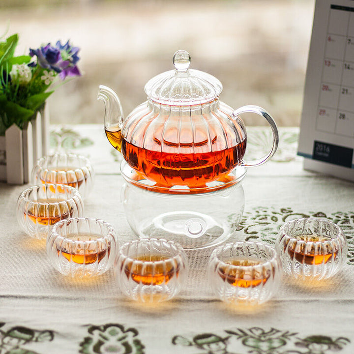 Elegant Borosilikat Glas Teapot Sæt med 6 Kopper og Stearinlys Holder