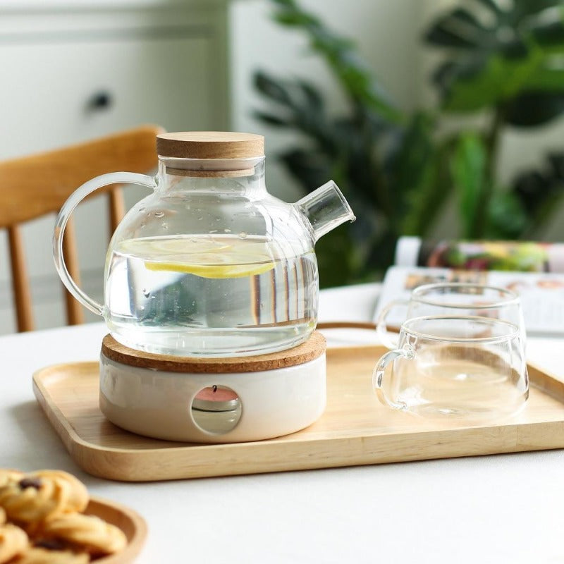 Borosilikatglas Teapot Sæt med Eg Tray og Kopper