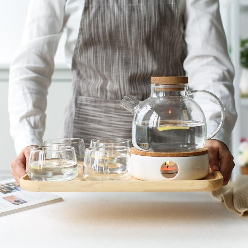 Borosilikatglas Teapot Sæt med Eg Tray og Kopper