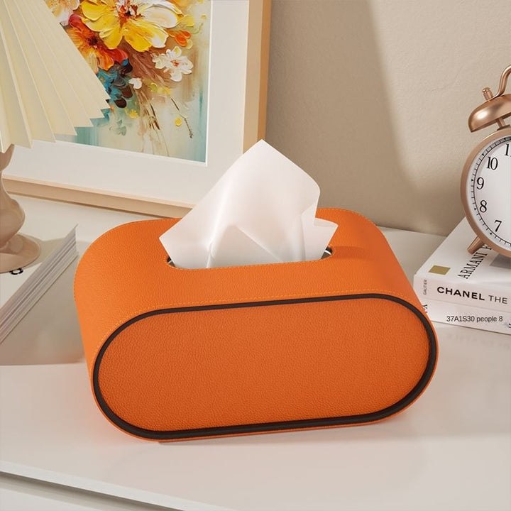 Elegant Oval Læder Tissue Box med Kontrasterende Kanter
