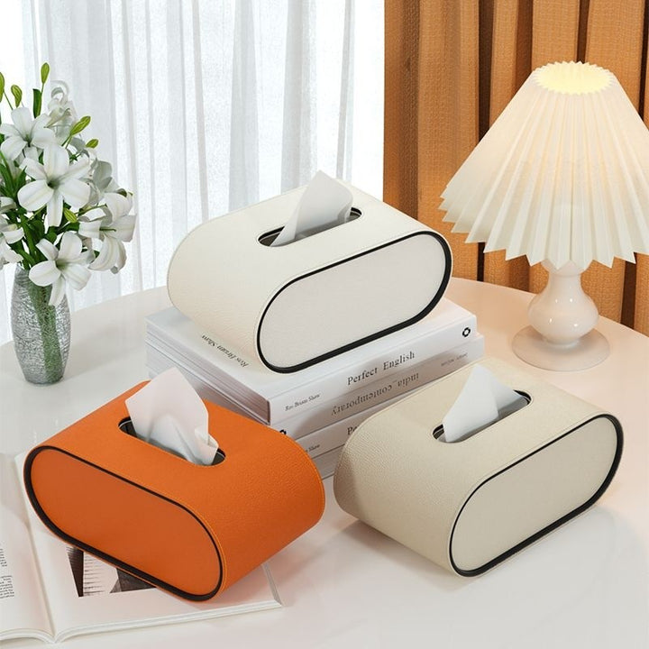 Elegant Oval Læder Tissue Box med Kontrasterende Kanter
