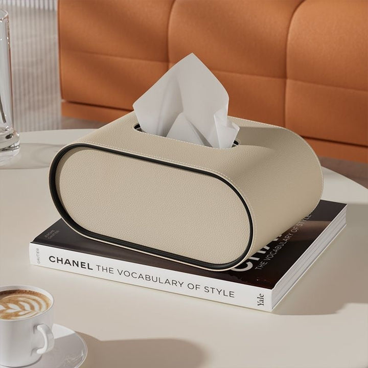 Elegant Oval Læder Tissue Box med Kontrasterende Kanter