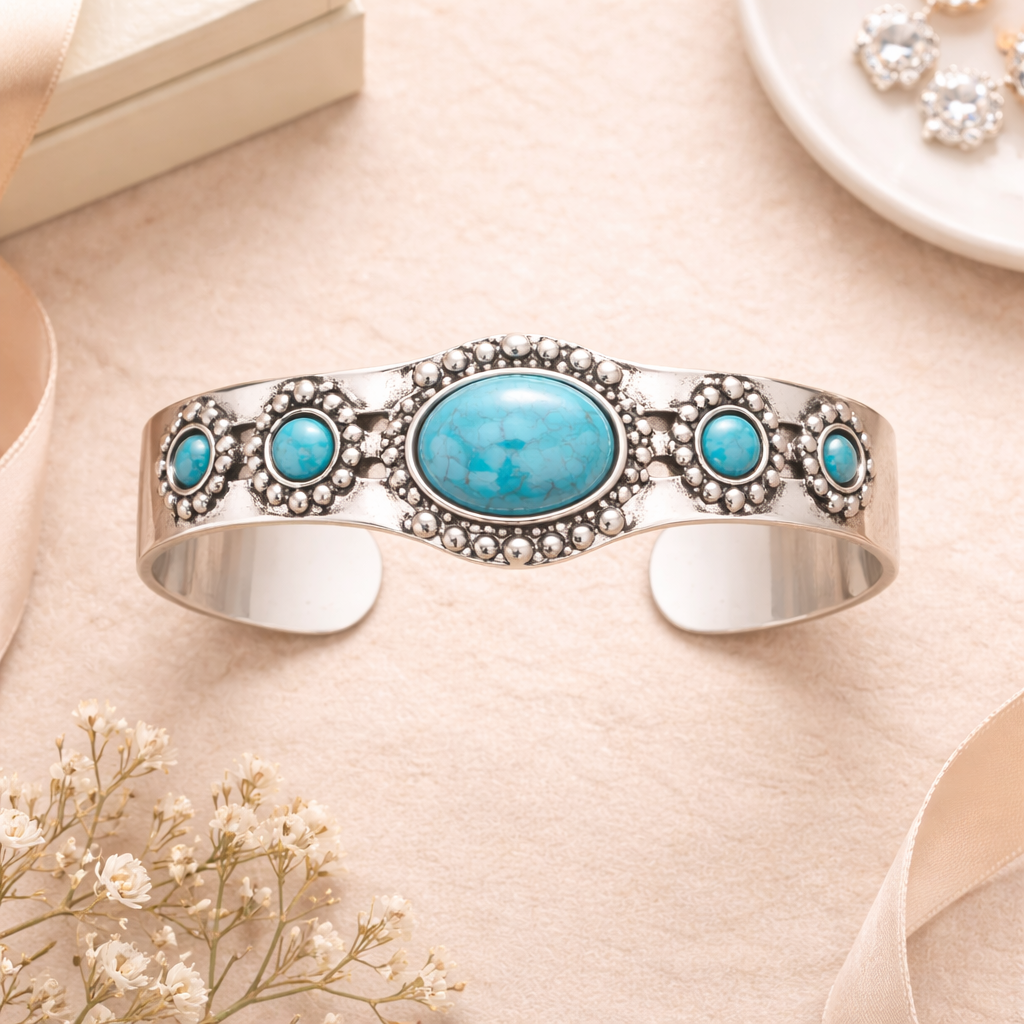 Sølv Cuff Armbånd med Turkis Dame Vintage Boheme Smykke