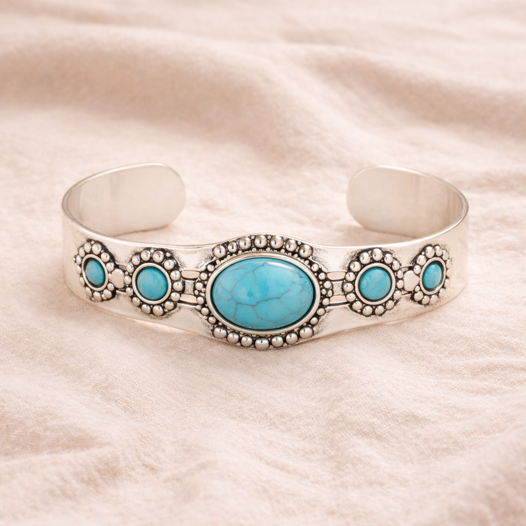 Sølv Cuff Armbånd med Turkis Dame Vintage Boheme Smykke