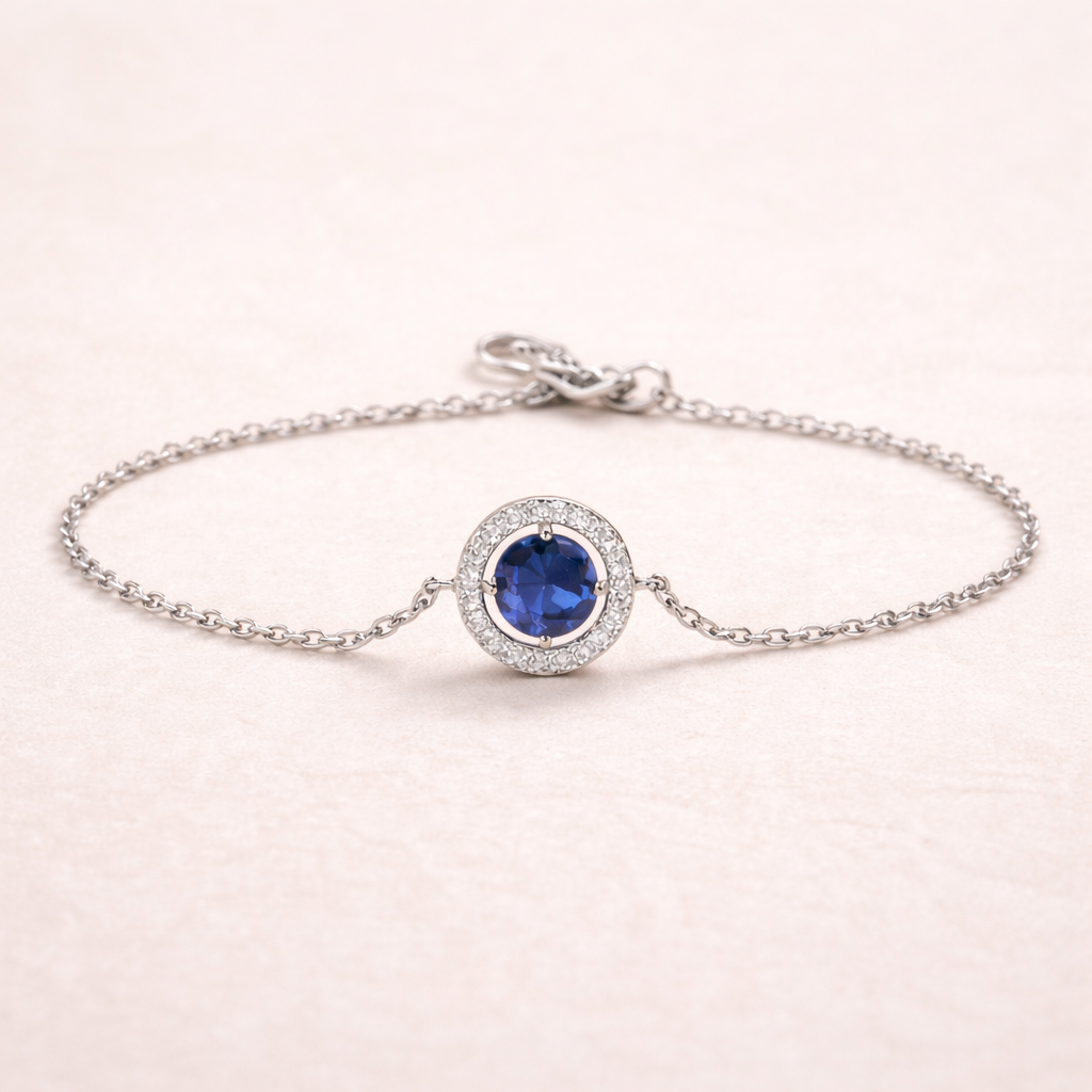 Sølv Armbånd Dame med Blå Safir Look og Zirkonia i Rustfrit Stål Justerbar