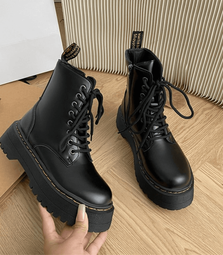 Platform Combat Boots – Classic Black Boots with Thick Sole