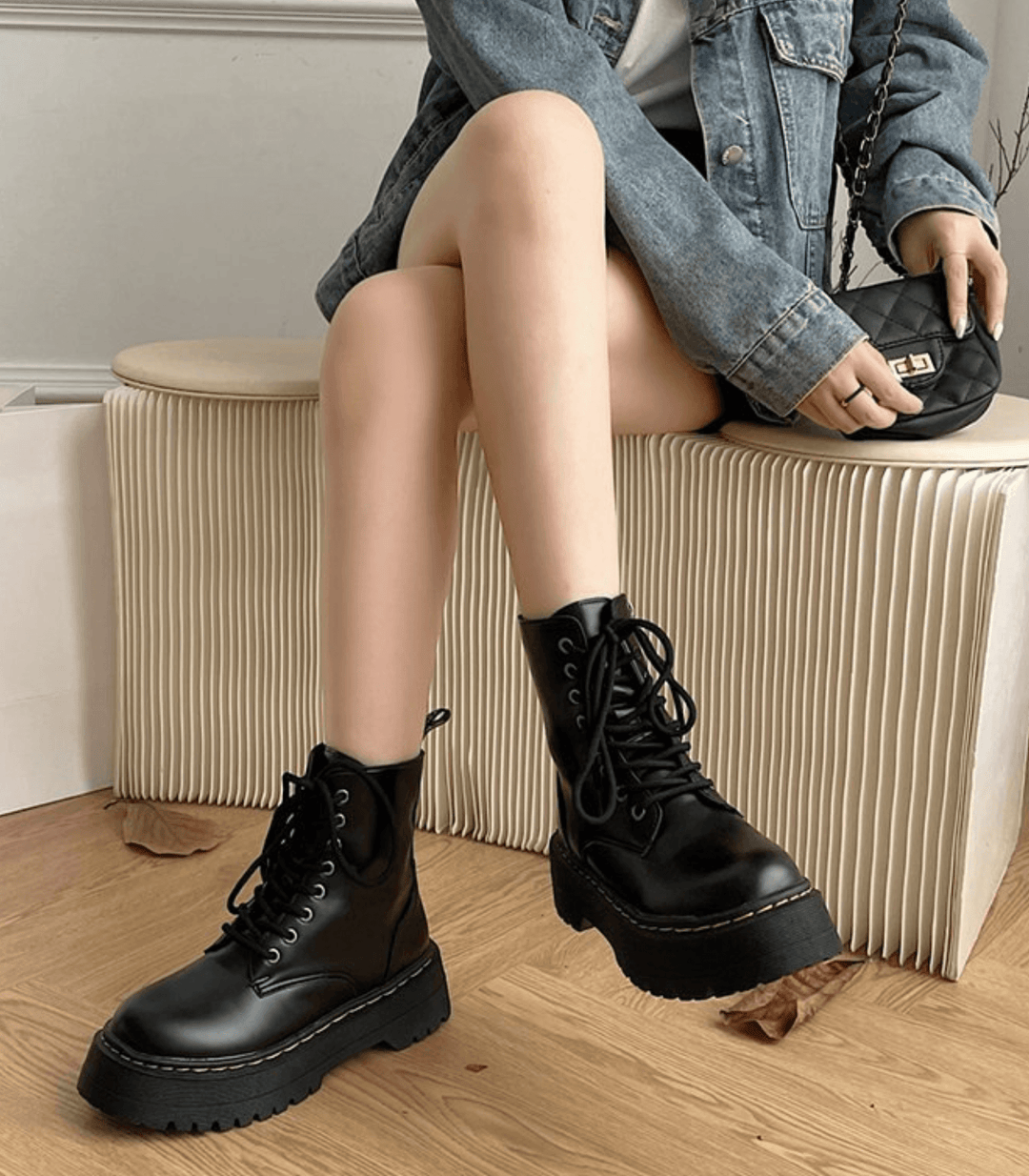 Platform Combat Boots – Classic Black Boots with Thick Sole