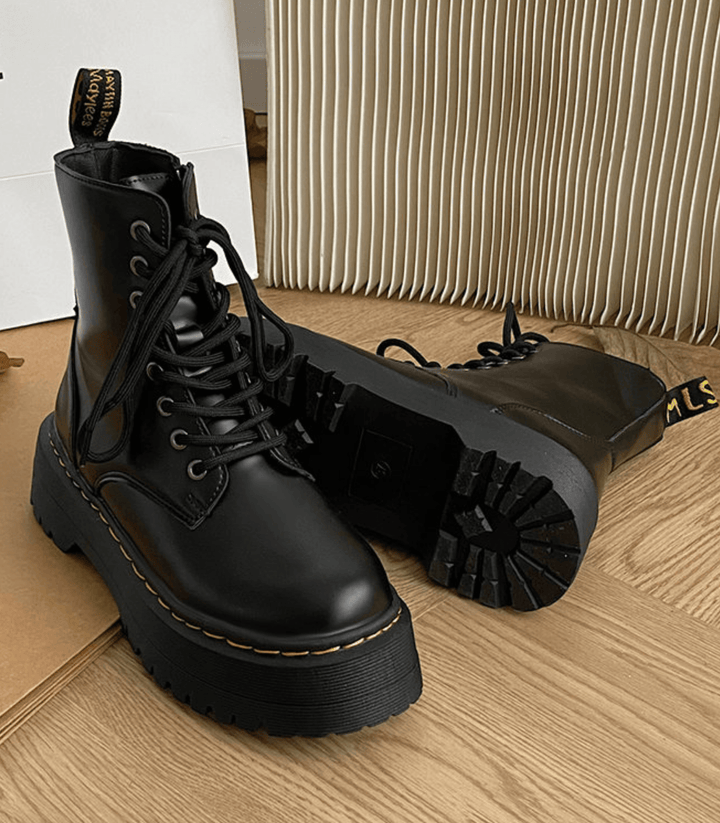 Platform Combat Boots – Classic Black Boots with Thick Sole
