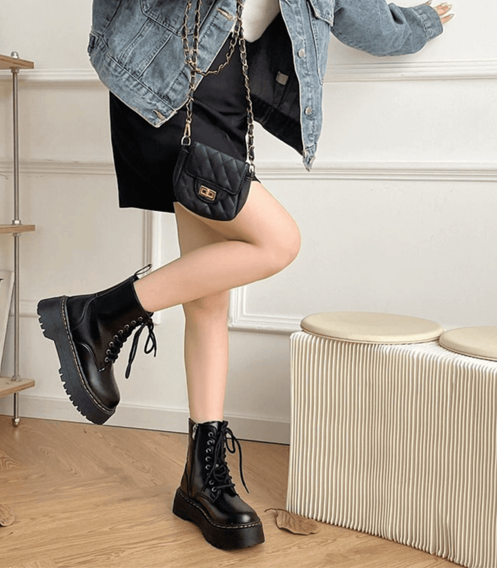 Platform Combat Boots – Classic Black Boots with Thick Sole